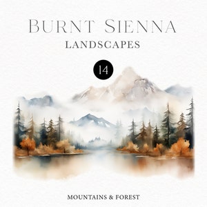 Watercolor mountains clipart, Fall forest landscape printable  for woodland wedding invitations, travel posters 150