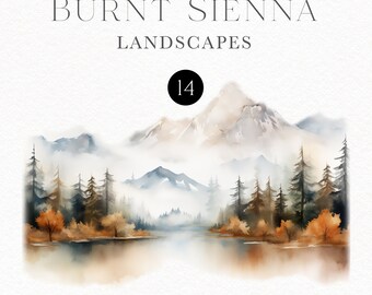 Watercolor mountains clipart, Fall forest landscape printable  for woodland wedding invitations, travel posters 150