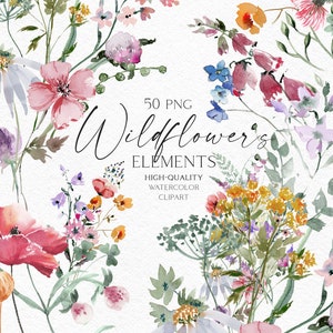 Clipart de flores silvestres pintadas à mão, clipart de flores vermelhas em aquarela, clipart botânico individual de flores silvestres para convite de casamento 145