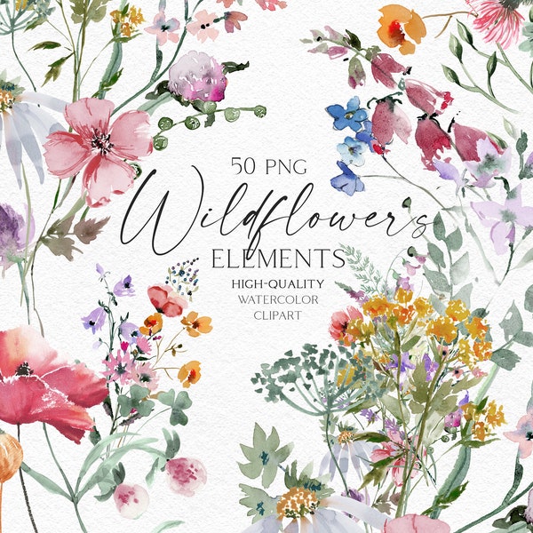 Handgemalte Wildblumen Clipart, Aquarell rote Blumen Clip Art, Wildblumen einzelne botanische Clip Art für Hochzeitseinladung 145