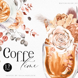 Clipart de café de acuarela, taza de café de otoño png, clip art de café con elementos florales para logotipo, planificador, menú, impresión por sublimación 060