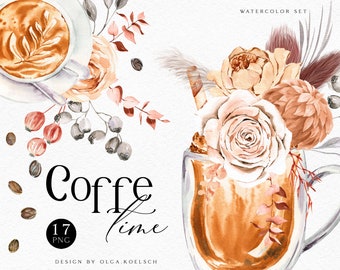Watercolor coffee clipart, Fall coffee mug png, Coffee clip art with floral elements for logo, planner, menu, sublimation print 060