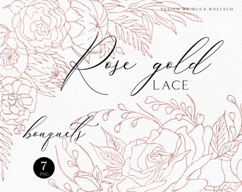 Rose gold glitter floral border clipart, Wedding invitation clipart,  gold foil leaf floral bouquet 105