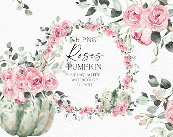 Watercolor pumpkin clipart, Fall pumpkin png, Pink roses bouquet, Farmhouse clipart for baby shower, harvest festival, plant mom gift 023