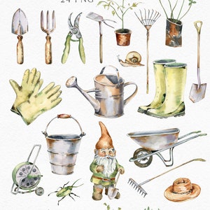 May include: A watercolor illustration set of gardening tools, plants, and a gnome. The set includes a watering can, a bucket, a wheelbarrow, a rake, a shovel, a pair of gardening gloves, a pair of boots, a snail, a gnome, and various plants. The set is perfect for creating digital or printed designs.