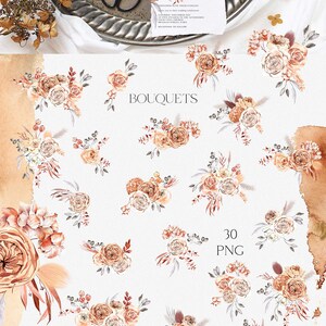K&ouml;nnte beinhalten: Ein Set mit 30 Aquarell-Blumenstr&auml;u&szlig;en in den Farben Pfirsich, Braun und Grau. Die Str&auml;u&szlig;e enthalten Rosen, Eukalyptus und Pampasgras. Der Text "BOUQUETS" und "30 PNG" ist im Bild sichtbar.