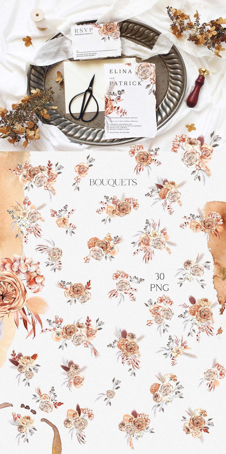 K&ouml;nnte beinhalten: Ein Set mit 30 Aquarell-Blumenstr&auml;u&szlig;en in den Farben Pfirsich, Braun und Grau. Die Str&auml;u&szlig;e enthalten Rosen, Eukalyptus und Pampasgras. Der Text "BOUQUETS" und "30 PNG" ist im Bild sichtbar.