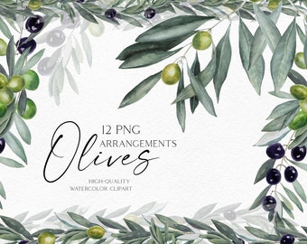 Watercolor olive wreath clipart, Boho greenery olive branch clipart for olive oil label, green logo, wedding invitation 050