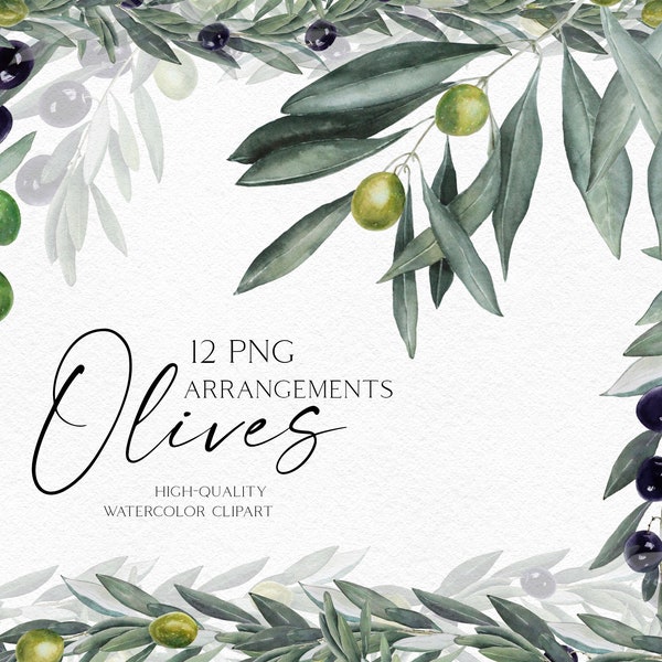 Watercolor olive wreath clipart, Boho greenery olive branch clipart for olive oil label, green logo, wedding invitation 050