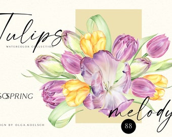 Watercolor tulips clipart, Easter clipart watercolor flowers, pink floral frames, borders clipart 125