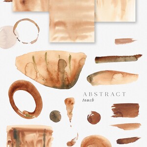 K&ouml;nnte beinhalten: Ein Set mit 14 abstrakten Aquarellformen in Braun-, Beige- und Gr&uuml;nt&ouml;nen. Die Formen umfassen Kreise, Ovale und unregelm&auml;&szlig;ige Formen. Der Text "ABSTRACT touch" ist in Schwarz am unteren Rand des Bildes geschrieben.