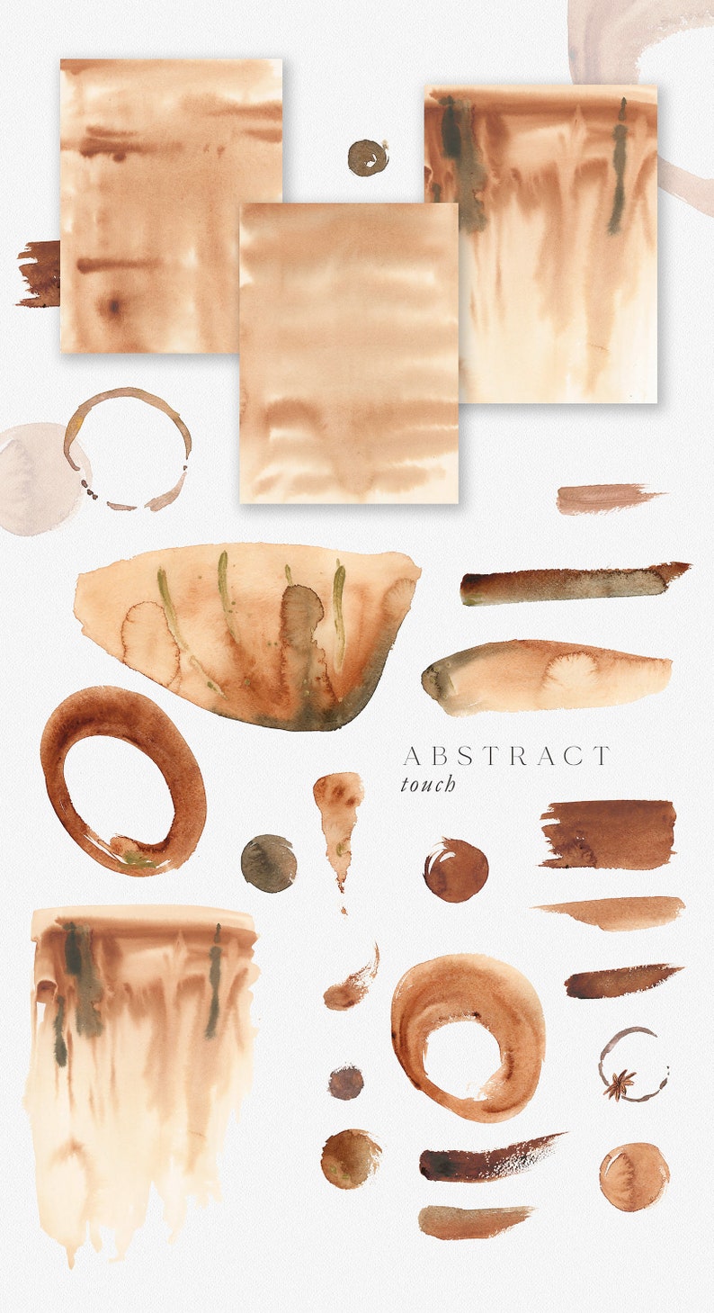 K&ouml;nnte beinhalten: Ein Set mit 14 abstrakten Aquarellformen in Braun-, Beige- und Gr&uuml;nt&ouml;nen. Die Formen umfassen Kreise, Ovale und unregelm&auml;&szlig;ige Formen. Der Text "ABSTRACT touch" ist in Schwarz am unteren Rand des Bildes geschrieben.