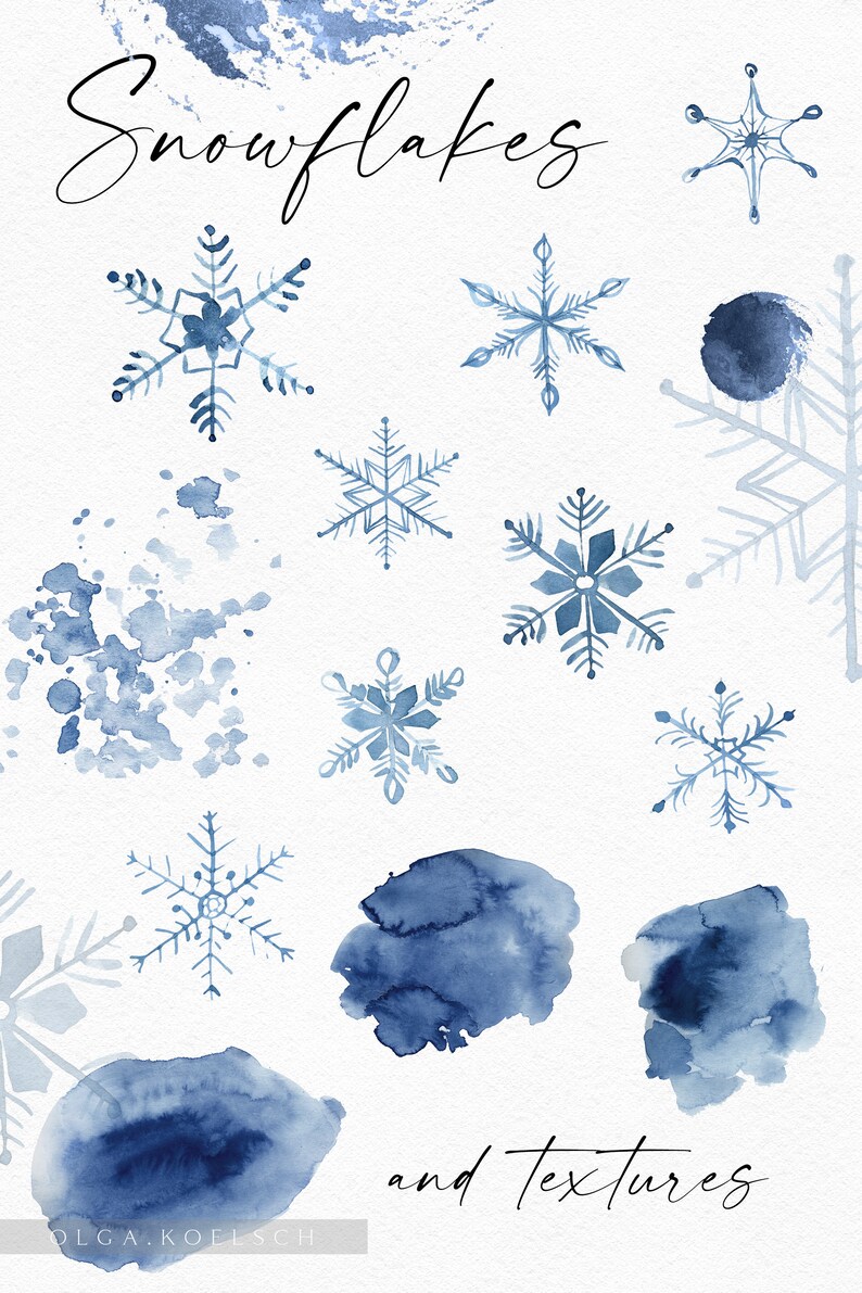 Puede incluir: Una colecci&oacute;n de copos de nieve y texturas azules en acuarela. Los copos de nieve son de varios tama&ntilde;os y formas. Las texturas son abstractas y se asemejan a salpicaduras de pintura.