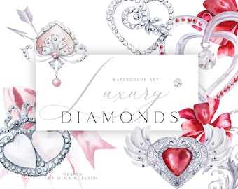 Watercolor Diamond Heart Clipart, Jewelry Graphics (PNG, PDF)