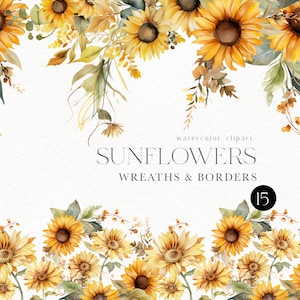 Aquarelle tournesol bordures clipart, tournesol bohème png pour faire-part de mariage, cartes de Thanksgiving, bouquets de tournesol pour baby shower 150
