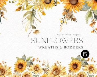 Aquarell Sonnenblumen Rahmen Clipart, Boho Sonnenblume png für Hochzeitseinladung, Danksagungskarten, Sonnenblumensträuße für Babyparty 150