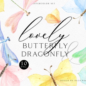 Butterfly watercolor dragonfly clipart. Summer clipart for baby shower and wedding invitation. Insects clipart with tender butterflies.