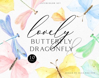 Op de afbeelding: Waterverf-illustratieset met vlinders en libellen in verschillende kleuren, waaronder roze, blauw, geel en groen. De set bevat 10 PNG-bestanden. De tekst "lovely butterfly dragonfly" is geschreven in zwarte cursieve letters.