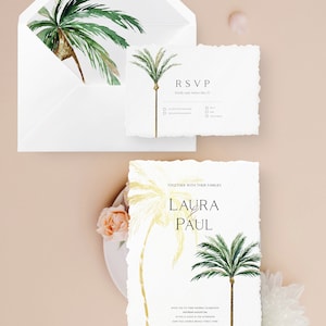 May include: Wedding invitation with a tropical theme. The invitation features a gold palm tree and green palm trees on a white background. The text reads "Together with their families, Laura & Paul, Saturday, August 1st, at five o'clock in the afternoon, Saint Paul Church, 1234 Street, Paris, Reception to follow."