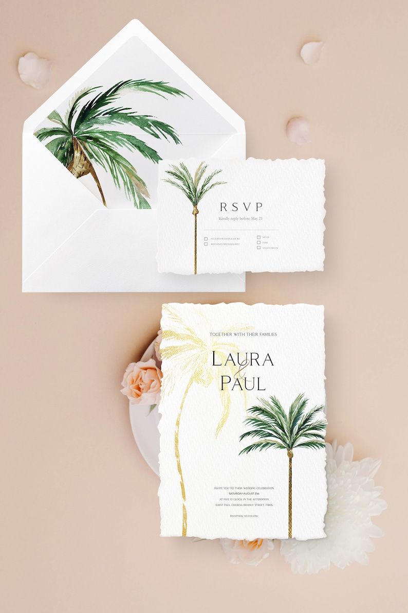 May include: Wedding invitation with a tropical theme. The invitation features a gold palm tree and green palm trees on a white background. The text reads "Together with their families, Laura & Paul, Saturday, August 1st, at five o'clock in the afternoon, Saint Paul Church, 1234 Street, Paris, Reception to follow."