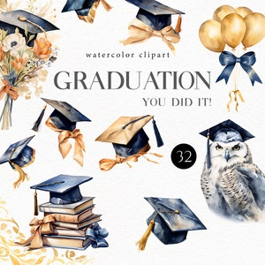 Graduierung Clipart, Clip Art Aquarell Graduierung. Abschlussmütze, Abschlussfeier Illustration, Party Dekoration, Schule Clipart, Universität 146