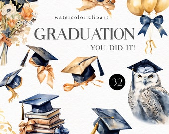 Graduation Clipart, Watercolor Graduation clip art. Grad cap,  Diploma Illustration, Party decorations, School Clipart, University  146