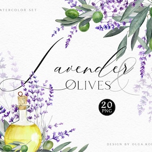 Lavendel aquarel clipart, olijfbladeren png, Provençaalse lavendel en olijfolie logo png, digitale lavendelkrans png 004
