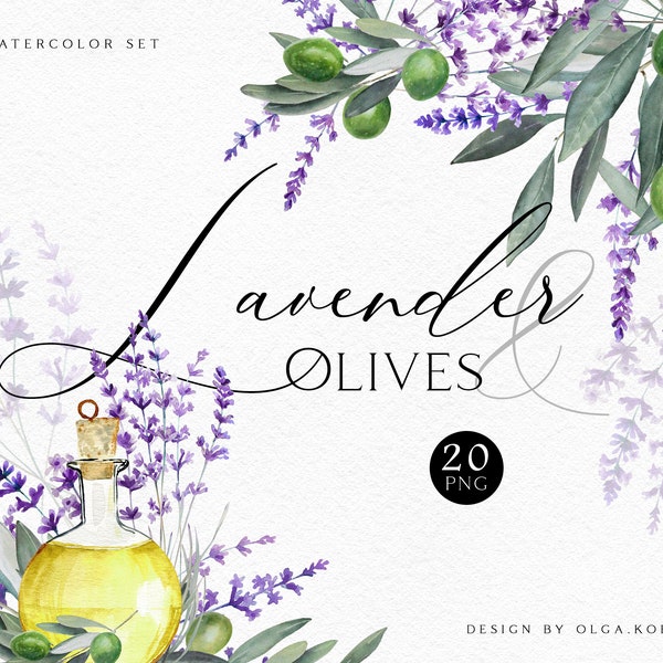 Lavender watercolor clipart, Olive leaves png, Provence lavender and olive oil logo png,  Digital lavender wreath png 004