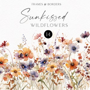 Pu&ograve; includere: Illustrazione ad acquerello di un campo di fiori selvatici in tonalit&agrave; di arancione, viola e blu. L'illustrazione &egrave; intitolata "Sunkissed Wildflowers" e include il numero "14".