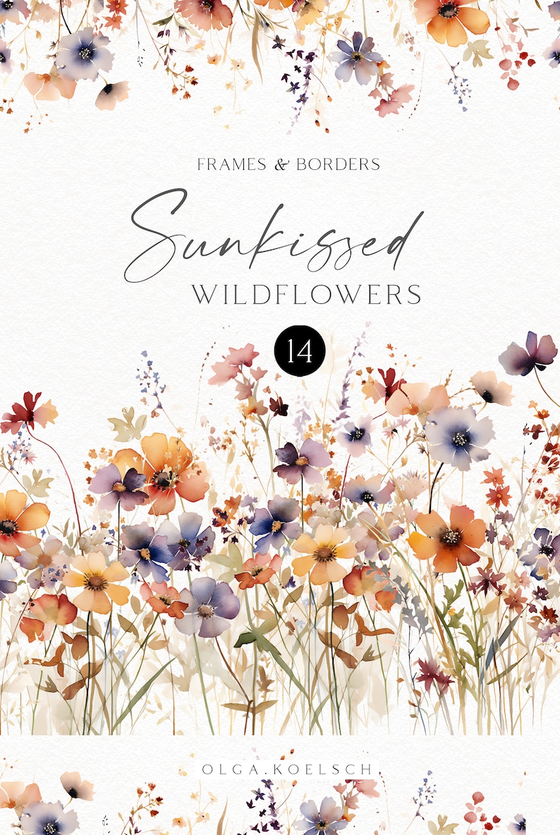 Pu&ograve; includere: Illustrazione ad acquerello di un campo di fiori selvatici in tonalit&agrave; di arancione, viola e blu. L'illustrazione &egrave; intitolata "Sunkissed Wildflowers" e include il numero "14".