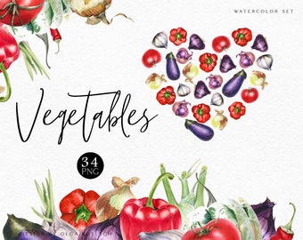 May include: Watercolor illustration of a heart shape made of various vegetables, including red peppers, eggplant, onions, and garlic. The text "Vegetables" and "34 PNG" are also included in the image.