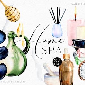May include: Watercolor illustration set of home spa items, including candles, essential oil bottles, a wooden spoon, a bowl of salt, a green bottle, stones, and a diffuser. The text "Home Spa" is written in black cursive. The text "27 PNG" is written in white on a black circle.