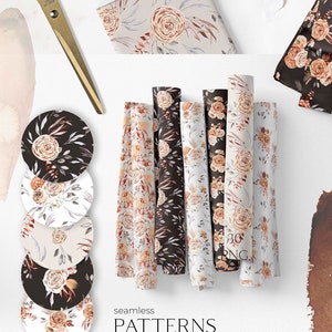 K&ouml;nnte beinhalten: Ein Set mit 12 nahtlosen Blumenmustern mit Aquarell-Illustrationen von beige und pfirsichfarbenen Rosen, Bl&auml;ttern und Zweigen auf verschiedenen Hintergr&uuml;nden, darunter Wei&szlig;, Schwarz und Beige. Die Muster sind 4000x4000 Pixel gro&szlig; und in den Formaten JPEG und PNG verf&uuml;gbar.