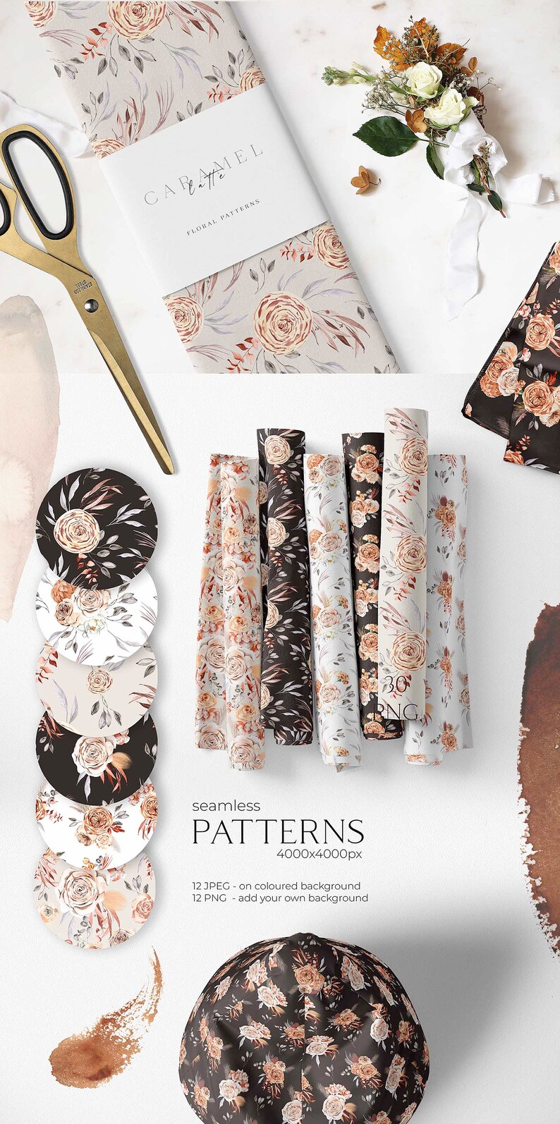 K&ouml;nnte beinhalten: Ein Set mit 12 nahtlosen Blumenmustern mit Aquarell-Illustrationen von beige und pfirsichfarbenen Rosen, Bl&auml;ttern und Zweigen auf verschiedenen Hintergr&uuml;nden, darunter Wei&szlig;, Schwarz und Beige. Die Muster sind 4000x4000 Pixel gro&szlig; und in den Formaten JPEG und PNG verf&uuml;gbar.