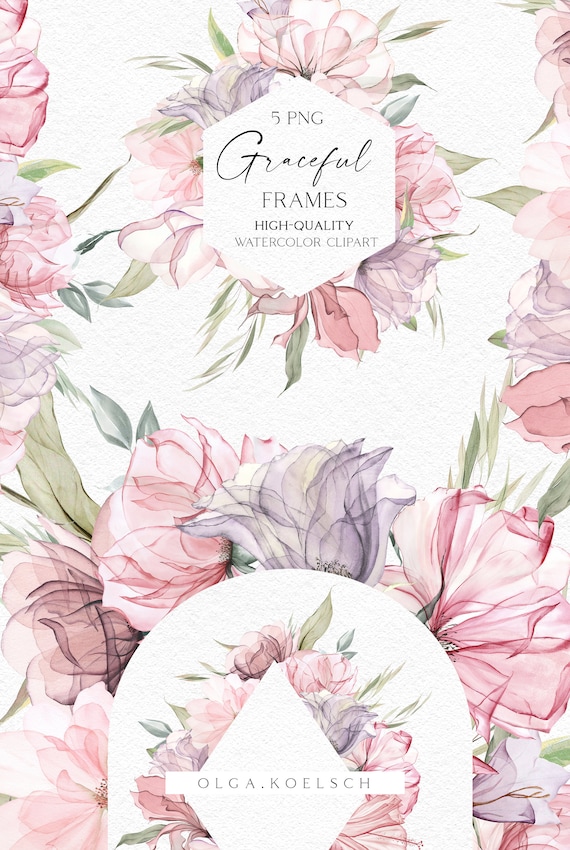 Boho rose frames clipart, Dusty pink watercolor floral borders png, Pink wedding clipart with rose bouquets png 026