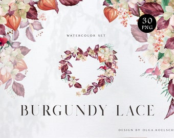 Watercolor burgundy bouquet clipart. Autumn wreath png. Floral borders for invitations, thanksgiving