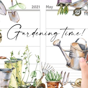 May include: A gardening themed planner with a watercolor illustration of a gnome, watering can, gardening tools, and plants. The planner has the text "Gardening Time!" written on it.