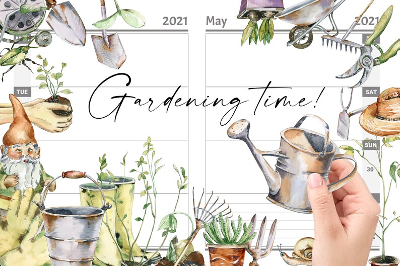 May include: A gardening themed planner with a watercolor illustration of a gnome, watering can, gardening tools, and plants. The planner has the text "Gardening Time!" written on it.