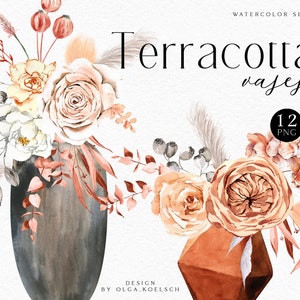 Könnte beinhalten: Aquarell-Illustrationsset mit Terrakotta-Vasen mit Blumenarrangements. Das Set enthält 12 PNG-Dateien. Die Blumen sind in den Farben Pfirsich, Rosa und Weiß gehalten. Die Vasen sind in Braun- und Grautönen gehalten.