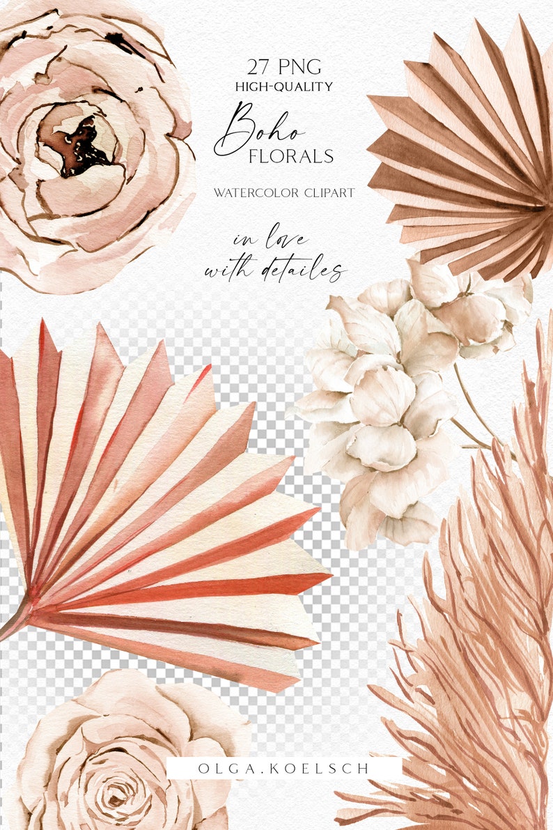 May include: A set of 27 watercolor clipart images featuring boho florals and palm leaves in shades of brown, pink, and white. The images are high quality and perfect for digital design projects.