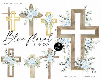 Aquarel blauwe bloemen kruis clipart, religieuze Pasen clipart, jongen doop kruis, eerste communie clipart 102