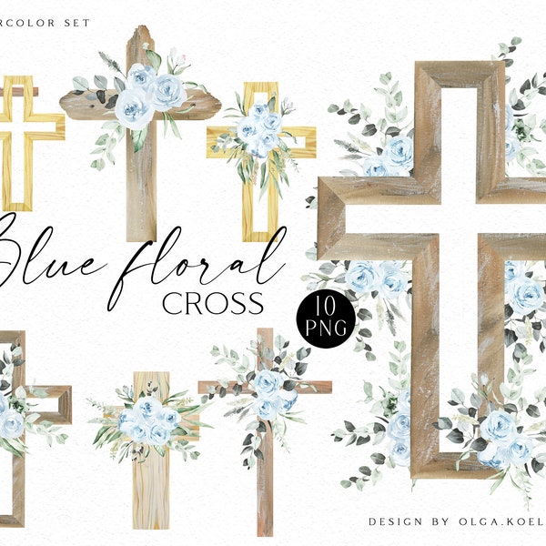 Watercolor blue floral cross clipart, Religious easter clipart, Boy Baptism cross, First Communion clipart 102