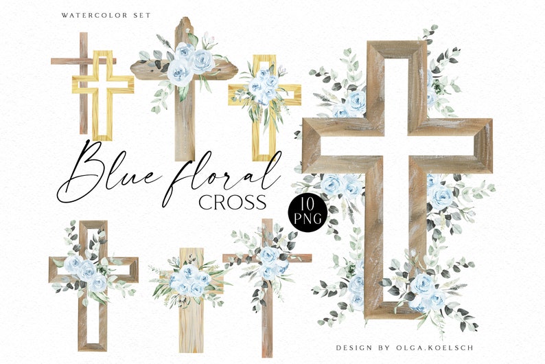 May include: Watercolor set of 10 PNG images featuring wooden crosses decorated with blue floral arrangements. The crosses are in various styles and sizes, with some featuring a simple design and others with more intricate details. The floral arrangements are made up of blue roses, eucalyptus leaves, and other greenery.