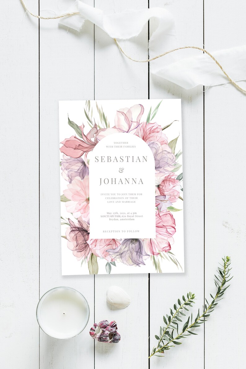 May include: Wedding invitation with a floral design featuring pink and purple flowers. The invitation reads "Together with their families, Sebastian & Johanna, Invite you to join them for celebration of their love and marriage, May 23th, 2021, at 4 pm, Sanctuary Park, 620 Royal Street, Brydan, Amsterdam, Reception to follow."