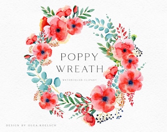 Watercolor poppy png  floral wreath clipart. Red poppy flower wreath clipart. Meadow floral clipart for boho wedding invitation 018