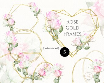 Clipart aquarel roos: roze bloemen, gouden lijsten (doe-het-zelf), png