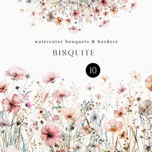 Clipart bordure florale aquarelle, bouquets de marguerites de fleurs sauvages roses pastel png pour faire-part de mariage, baby shower, baptême, affiches 148