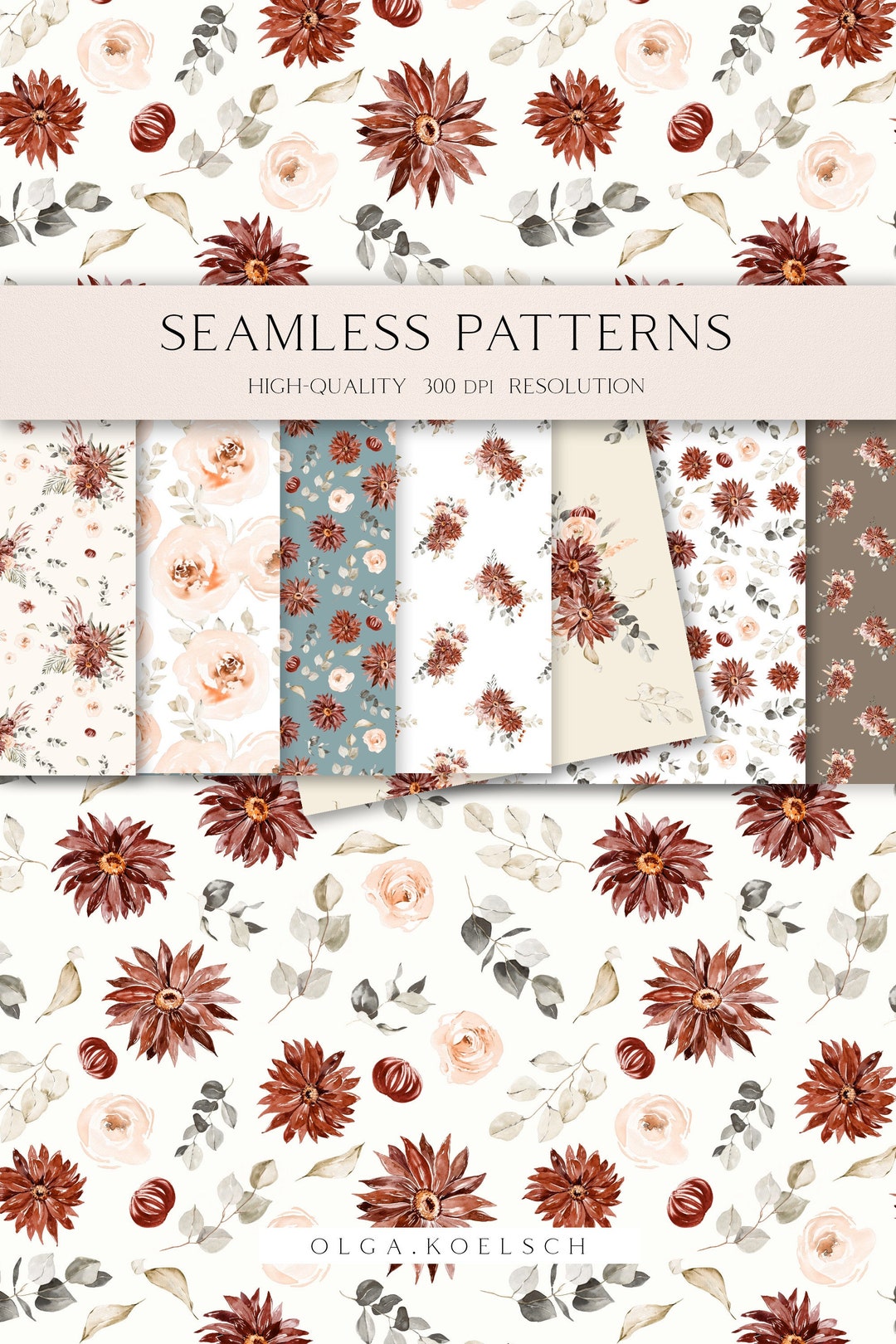 Boho Roses Seamless Pattern for Fabric, Brown Roses Digital Paper ...