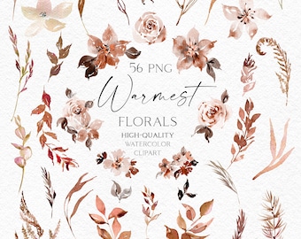 Watercolor boho flowers clipart, Autumn flowers png, Greenery isolated elements for autumn baby shower 132