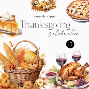 Clipart acquerello del Ringraziamento - tacchino, zucche png, ghirlande autunnali e cestini cornucopia per biglietti del Ringraziamento, inviti, decorazioni 161